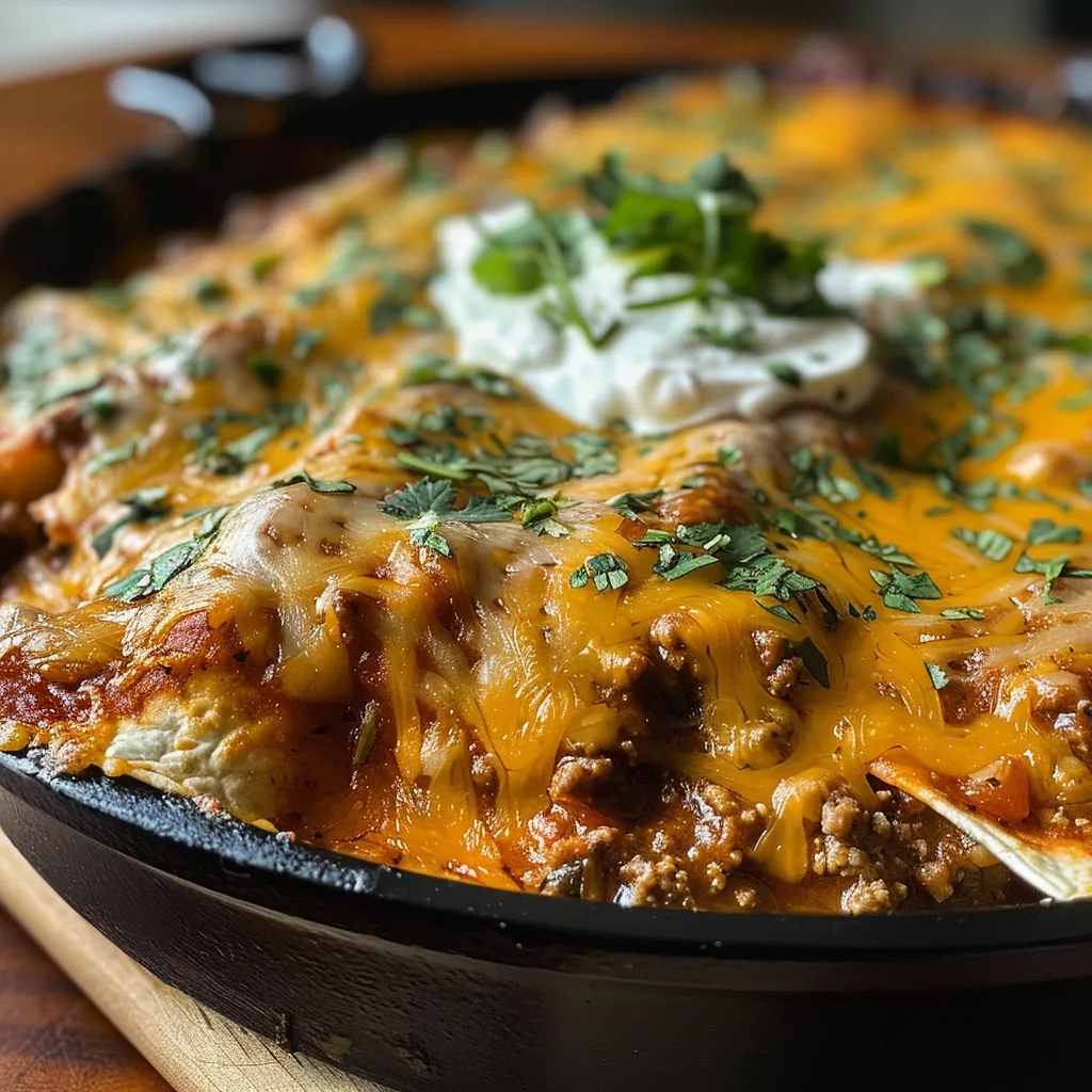 Side view of a sizzling Beef Skillet Enchiladas dish, showcasing layers of meat, cheese, and sauce.