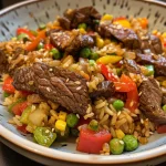 Juicy beef stir-fry with colorful bell peppers and seasoned fried rice.
