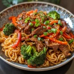 A close-up view of a beef stir-fry with colorful vegetables and noodles.