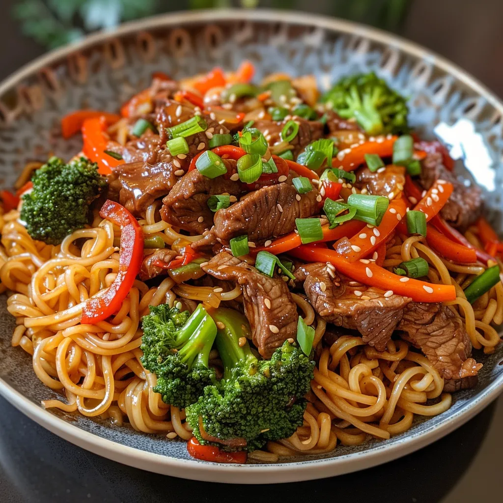 A close-up view of a beef stir-fry with colorful vegetables and noodles.