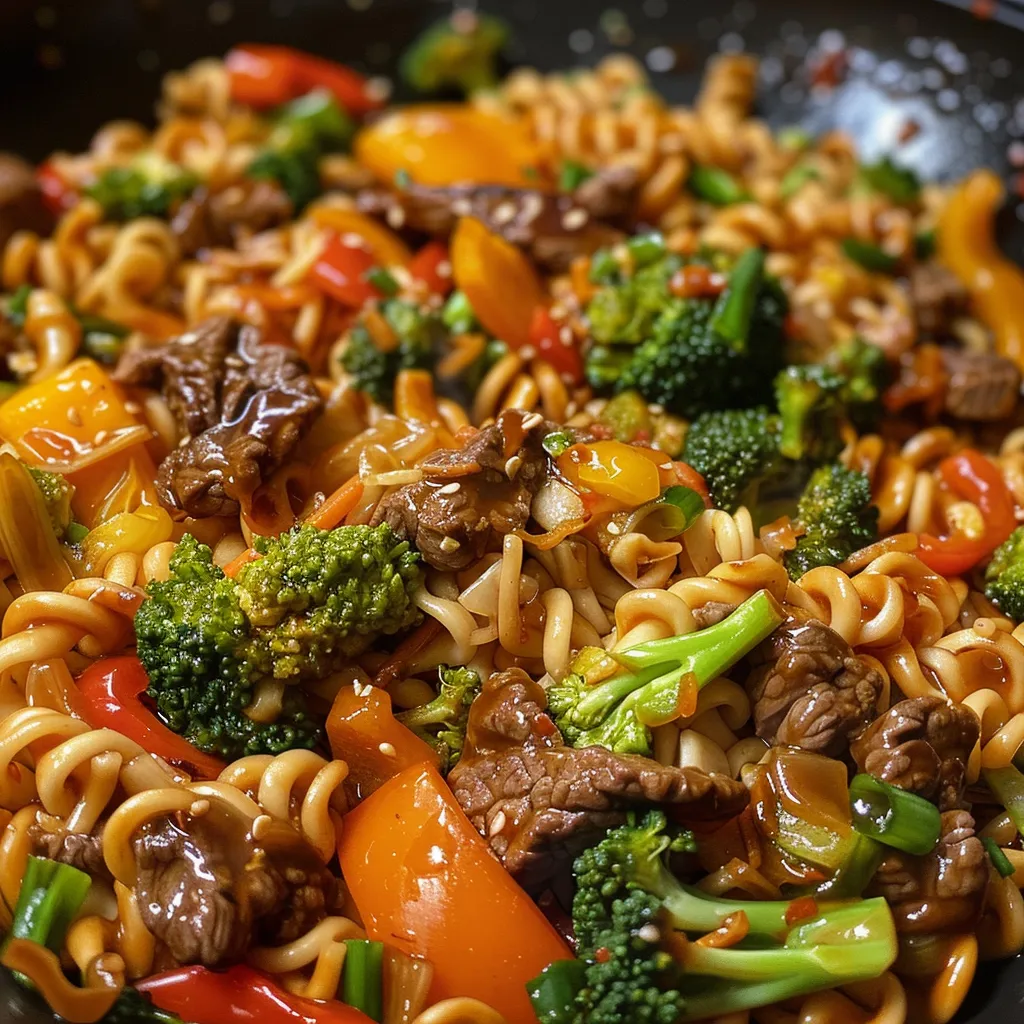 Juicy slices of beef stir-fry mixed with egg noodles and vibrant veggies.