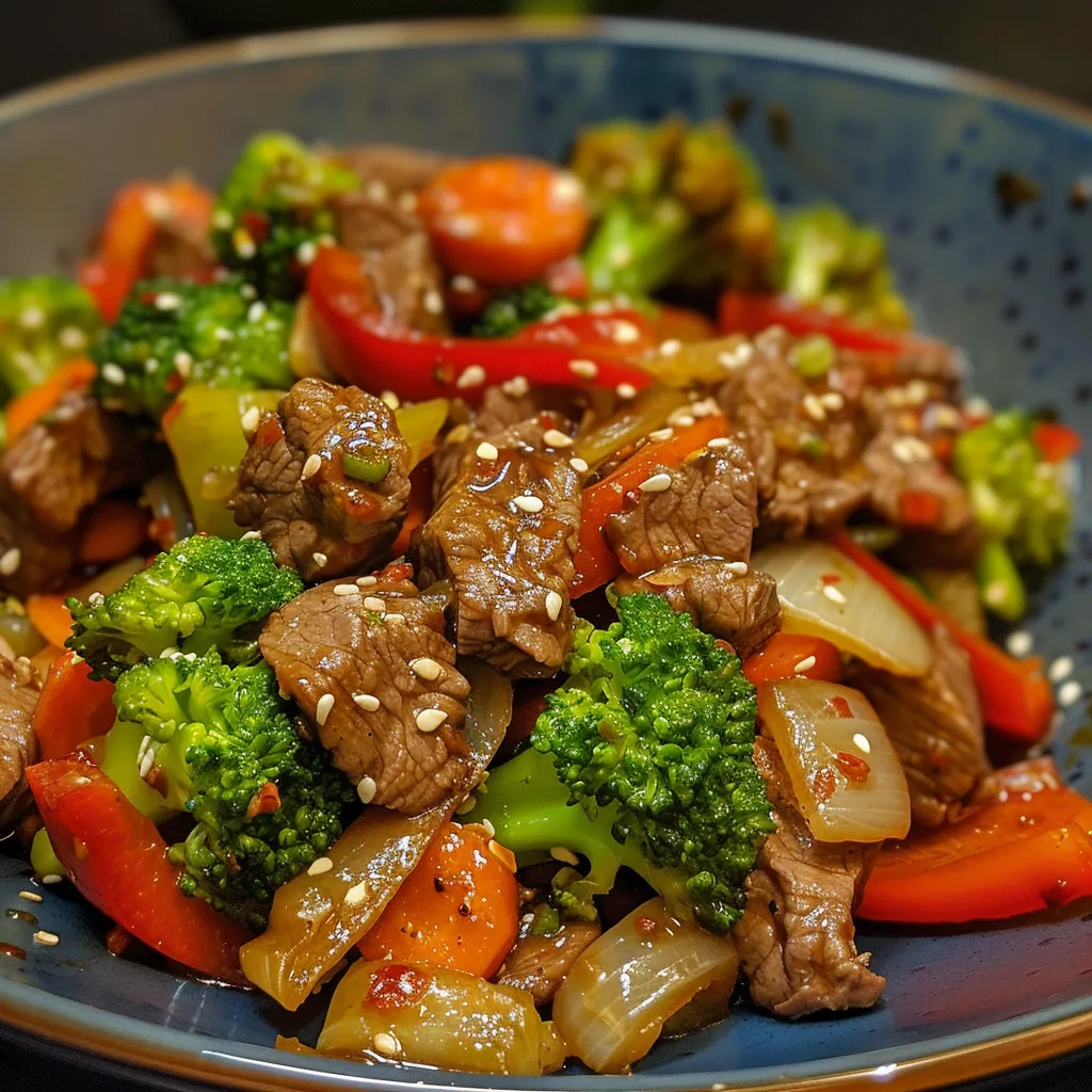 Close-up of a vibrant beef stir fry with colorful vegetables, showcasing thinly sliced beef and fresh ingredients.