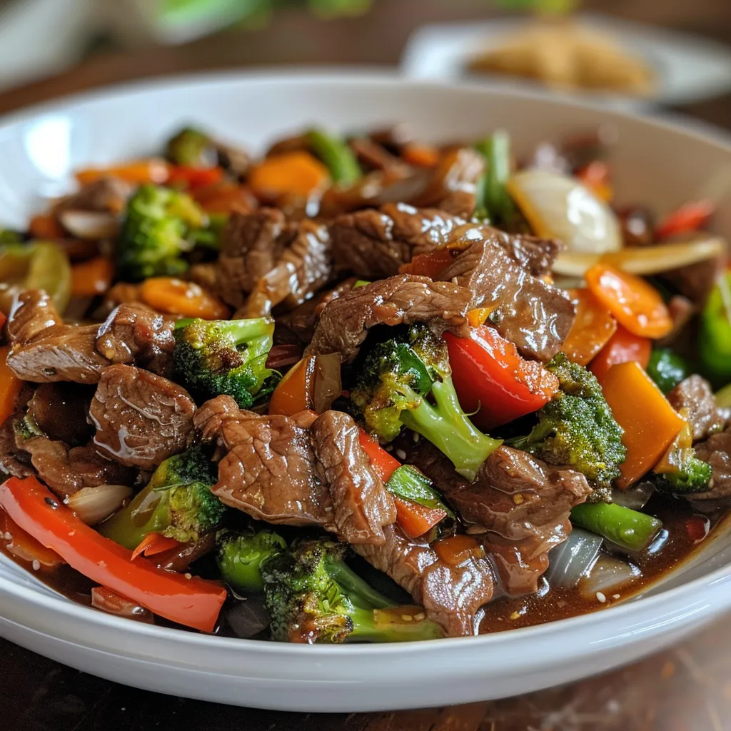 Side view of a juicy beef stir fry filled with red and green bell peppers, broccoli, and carrots.