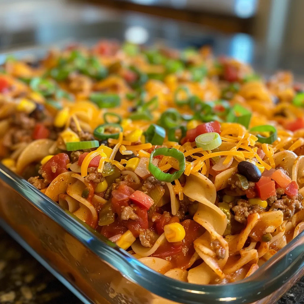 Close-up of a Beef Taco Noodle Casserole, showcasing layers of beef, noodles, and melted cheese.