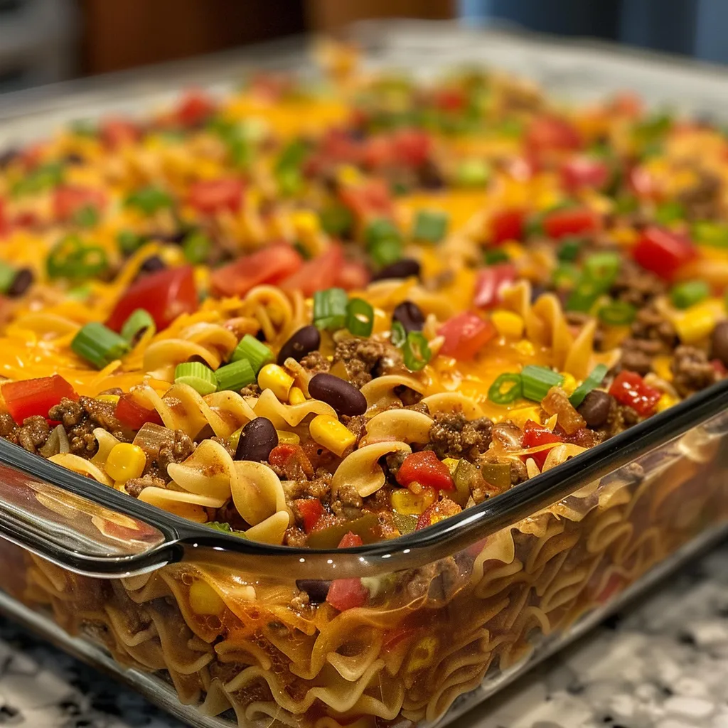 Side view of a savory Beef Taco Noodle Casserole with vibrant colors from veggies and cheese.
