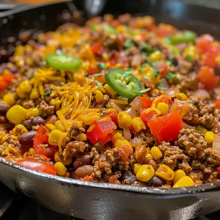 Embrace the Sizzle Your New Go-To Beef Taco Skillet Recipe! Close-up view of a Beef Taco Skillet loaded with fresh ingredients.