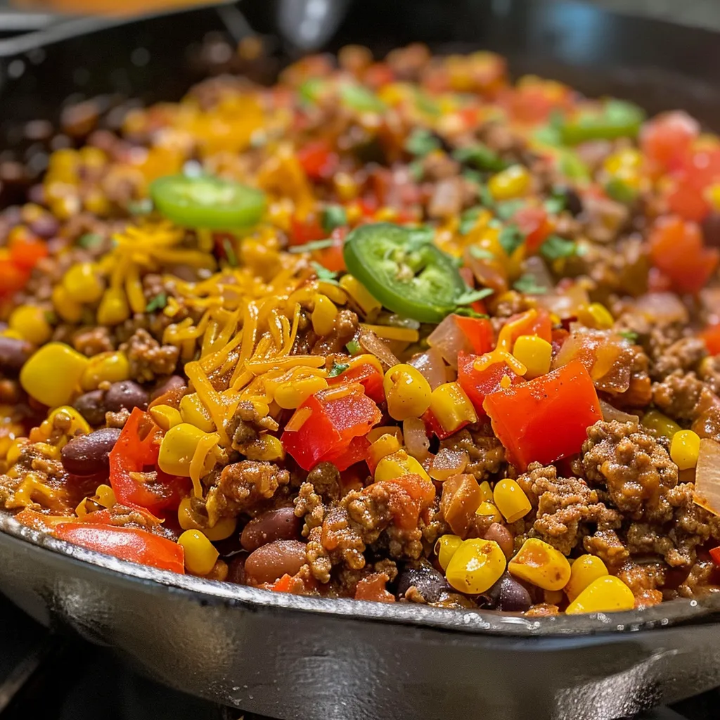 Close-up view of a Beef Taco Skillet loaded with fresh ingredients.
