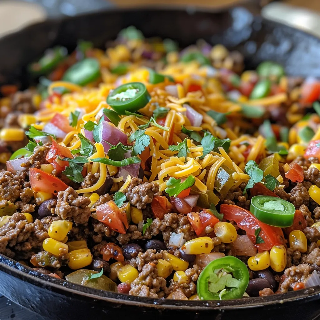 Juicy Beef Taco Skillet with vibrant vegetables and melted cheese.