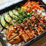 A close-up view of a bento box featuring teriyaki chicken, rice, and sesame seeds.