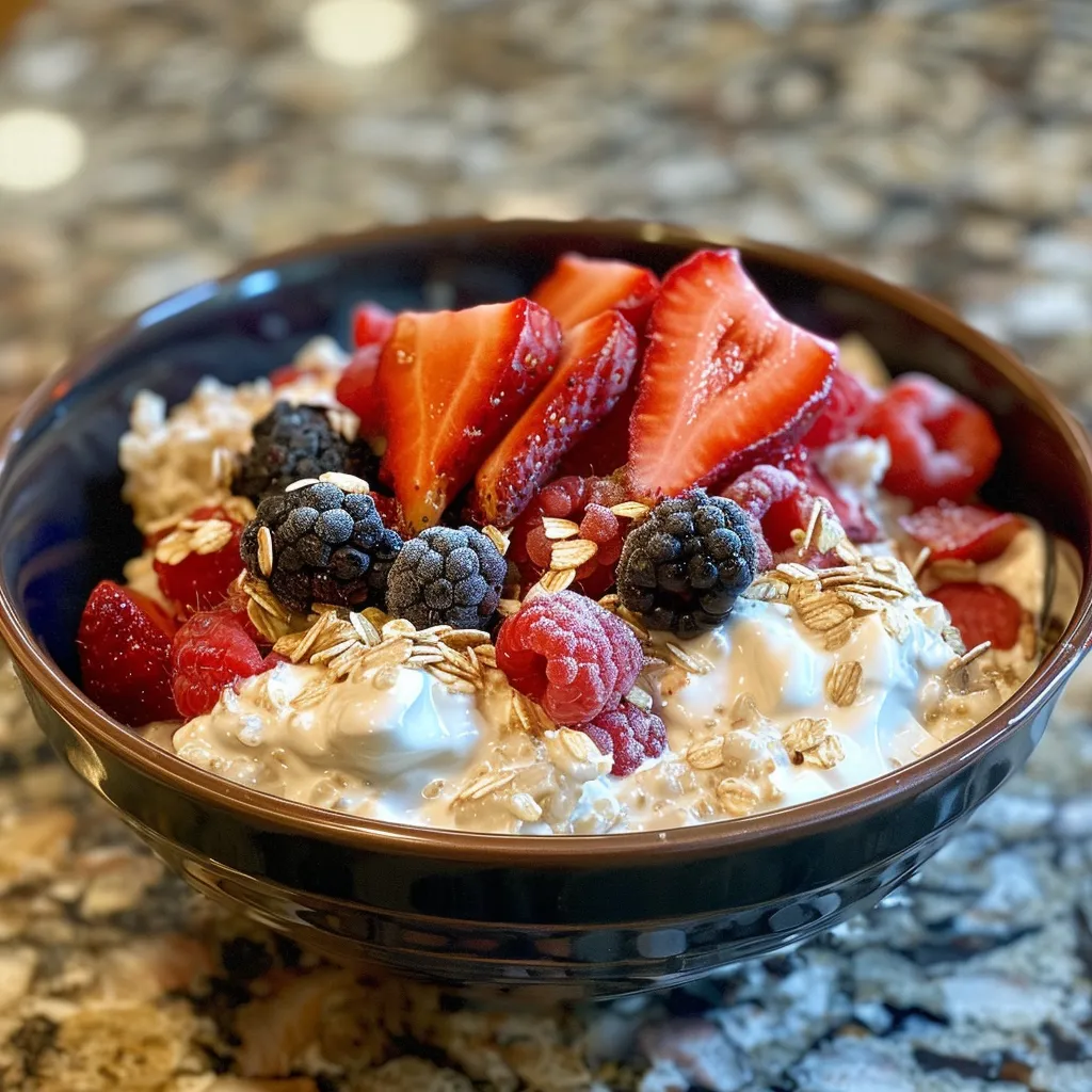 Side view of a bowl filled with colorful berry medley overnight oats.
