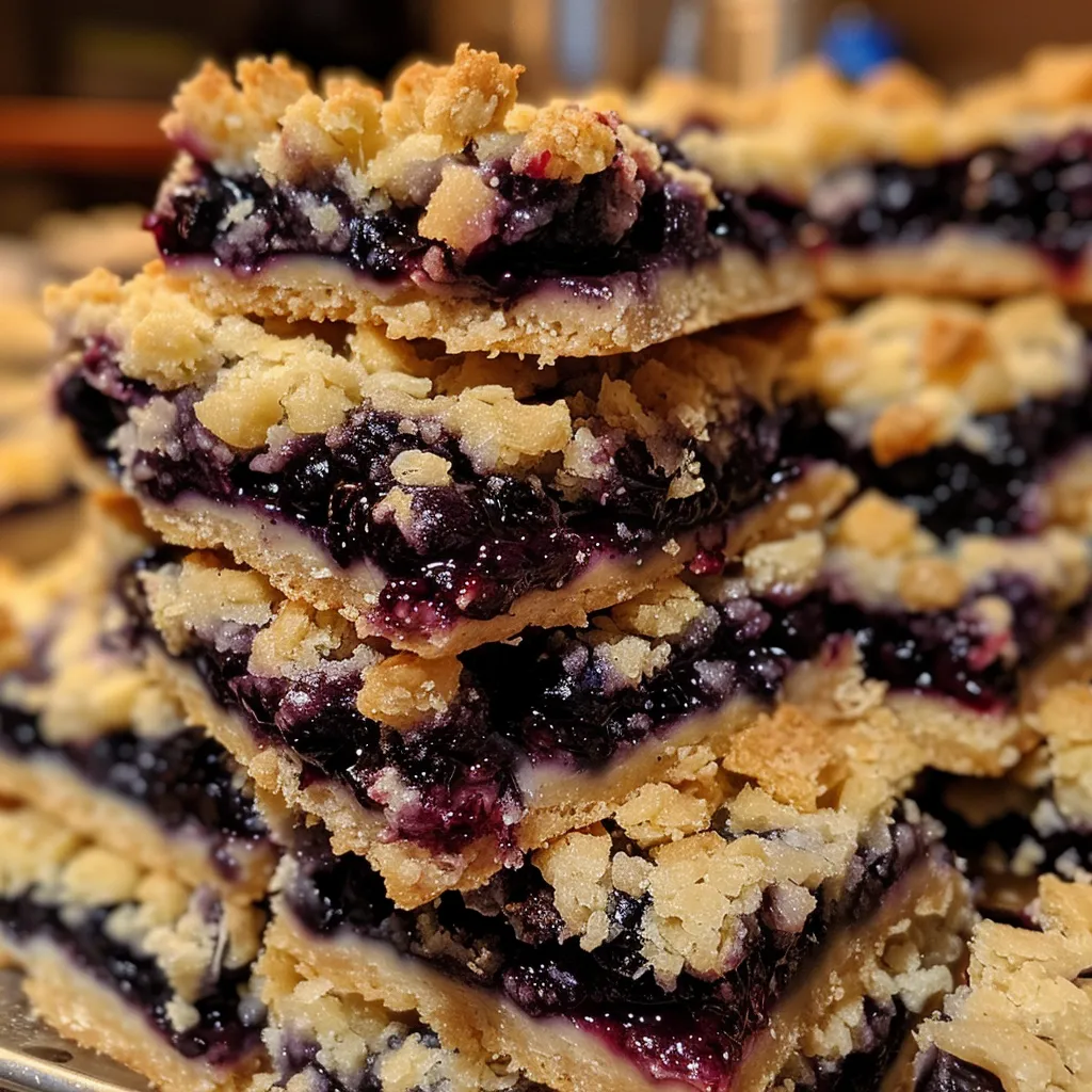 Side view of freshly baked blueberry crumble shortbread bars showing blueberries and crumble texture.