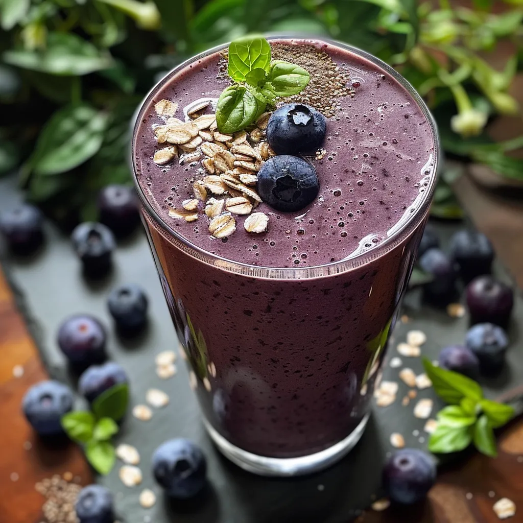 A close-up view of a creamy Blueberry Oat Milk Smoothie in a glass, featuring fresh blueberries on top.
