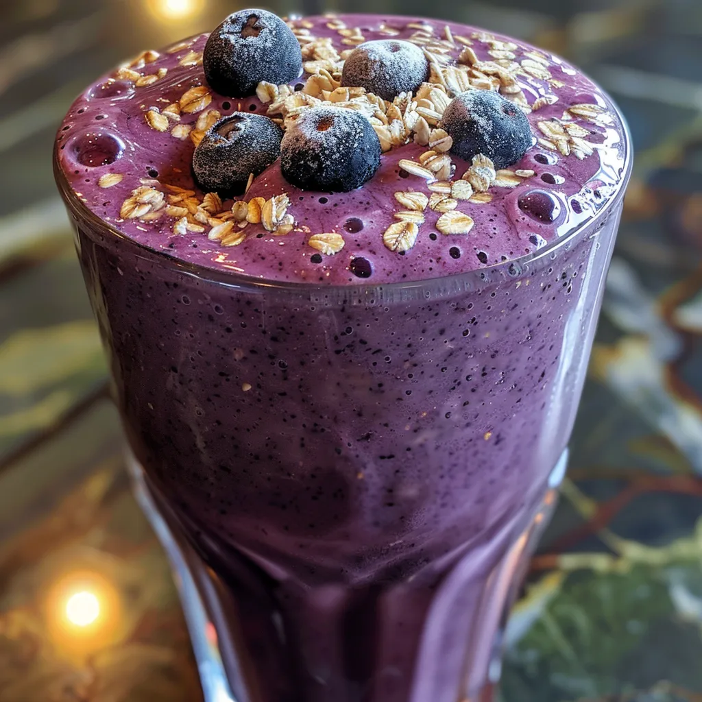 Side view of a Blueberry Oat Milk Smoothie, showcasing its deep purple color and a sprinkle of oats.