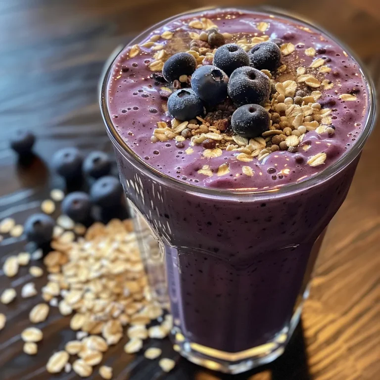 Close-up of a creamy blueberry oatmeal smoothie in a glass with fresh berries on top.