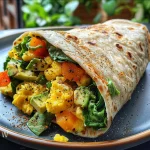 Close-up of a side view of a breakfast burrito filled with scrambled eggs, spinach, and diced bell pepper.