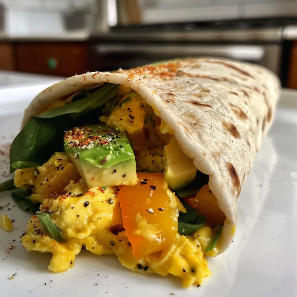 Juicy breakfast burrito with avocado and vegetables, displayed on a wooden surface.