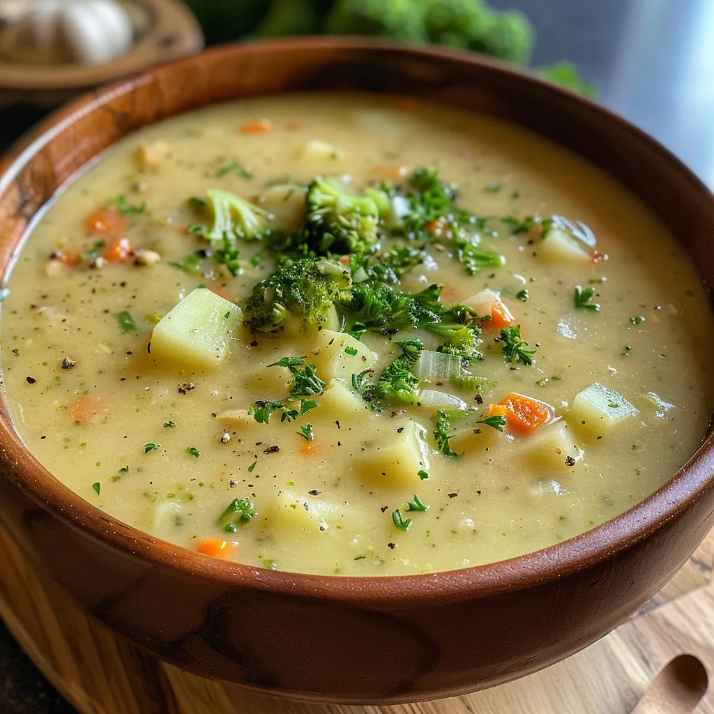 A creamy bowl of Broccoli Potato Soup with vibrant green broccoli and golden potatoes.