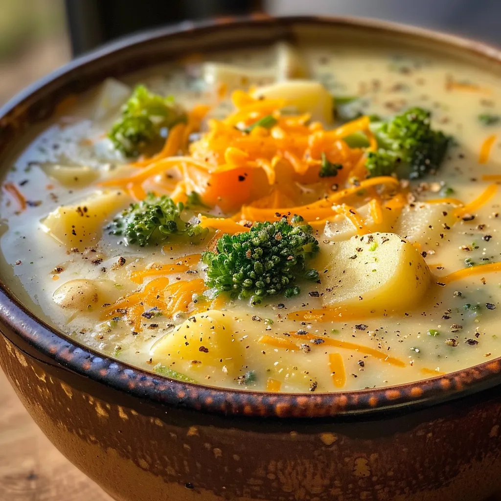 Close-up of a hearty Broccoli Potato Soup garnished with shredded carrots and cheese.