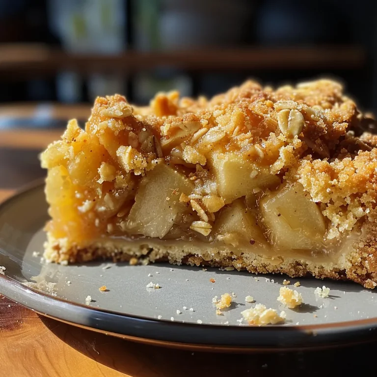 Close-up side view of a slice of Brown Butter Apple Crumble Cake, showcasing the crumbly topping and juicy apple filling.