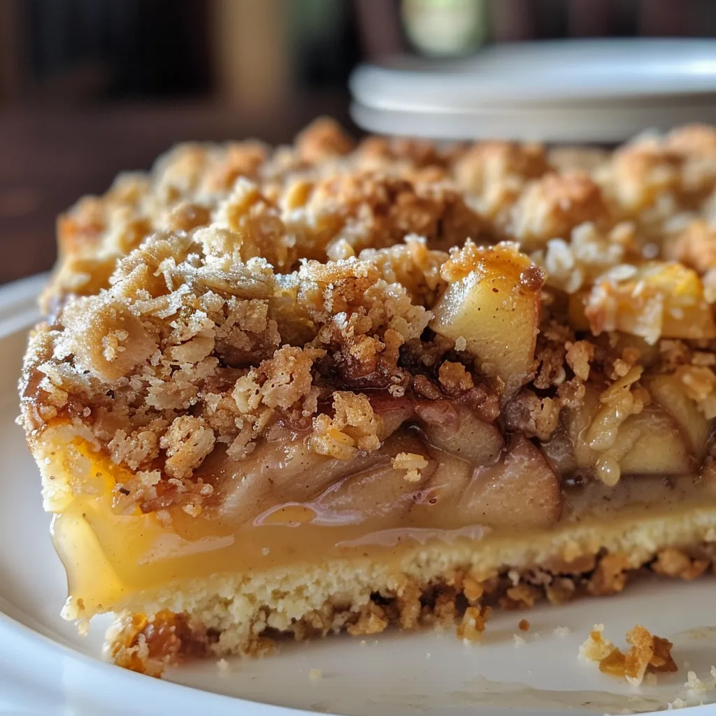 Side angle of a delicious Brown Butter Apple Crumble Cake slice with a golden-brown crust and visible apple pieces.