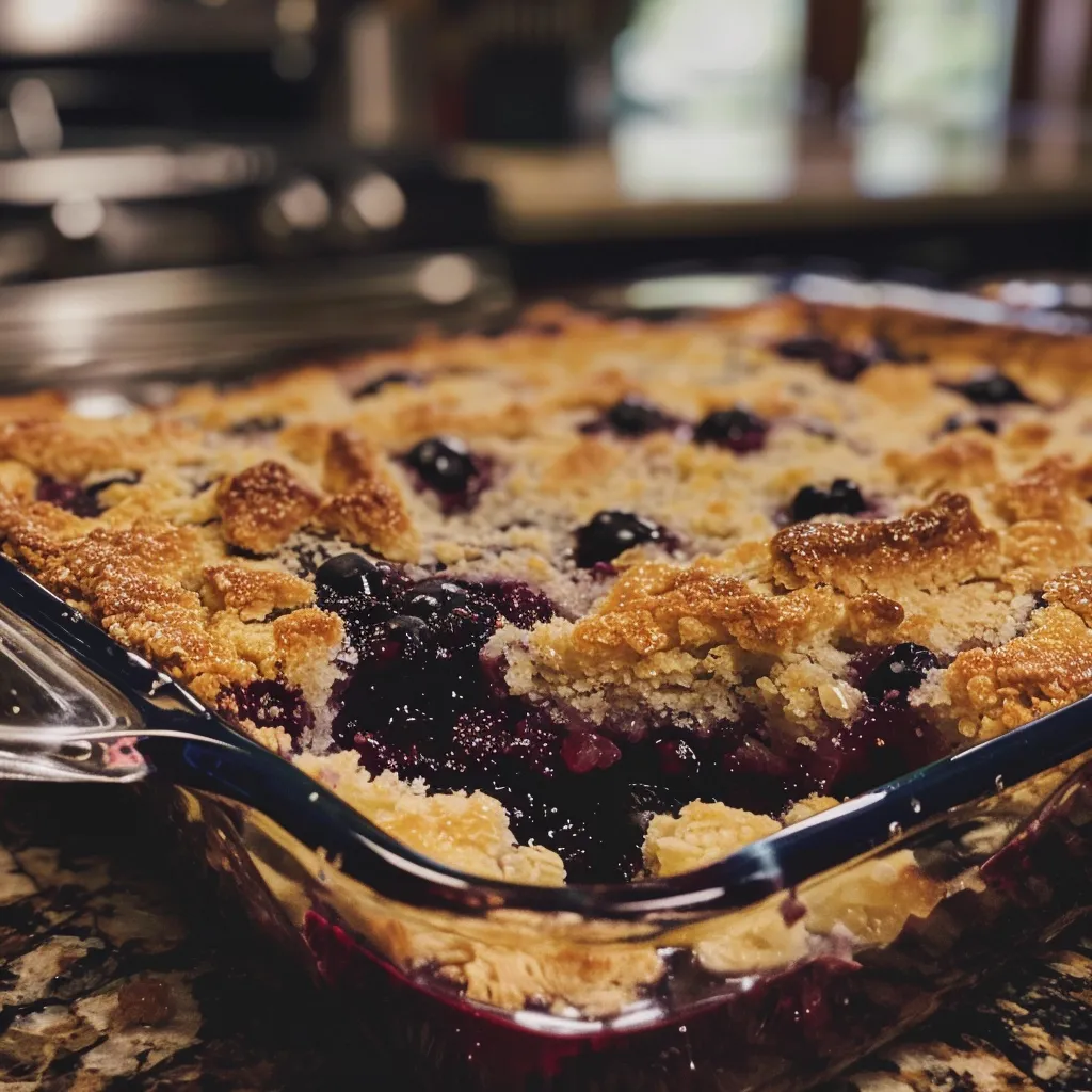 Close-up of a gooey brown butter blueberry cobbler, showcasing its crispy topping and juicy filling.