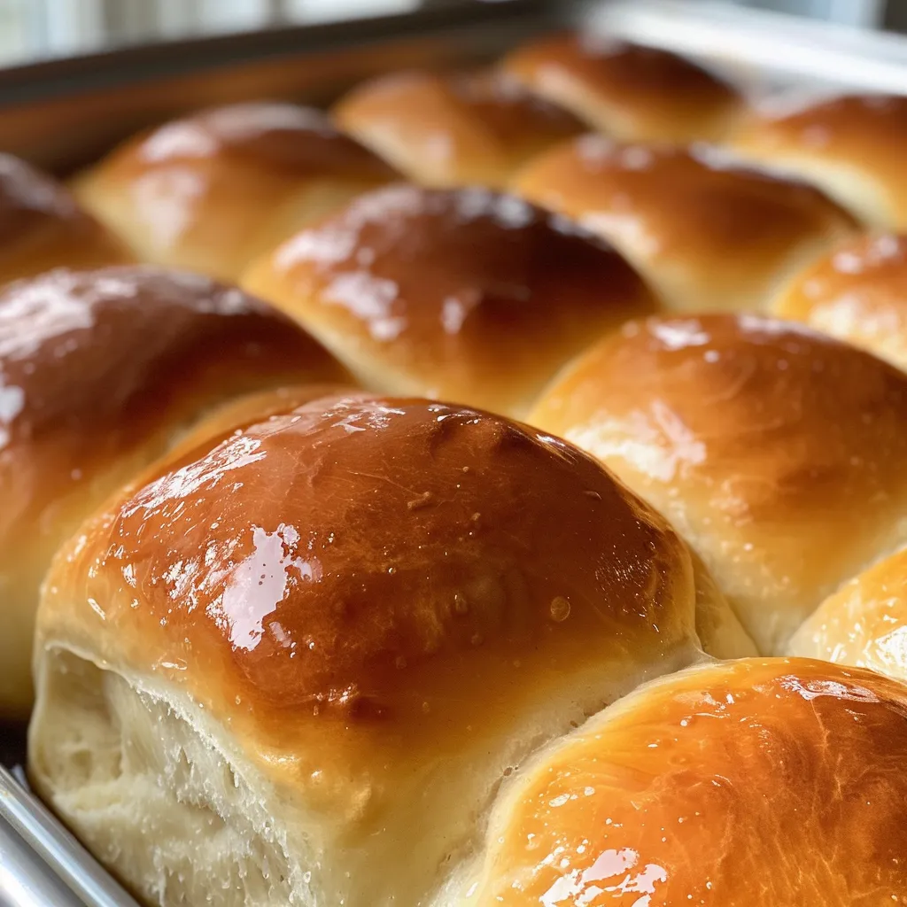 Close-up view of buttery dinner rolls with a golden crust.
