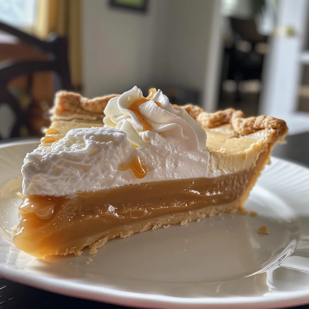 Side view of a whole Butterscotch Pie with a rich, golden filling and a decorative whipped cream topping.