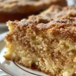Side view of a slice of Coffee Cake with a golden-brown cinnamon crumble topping.