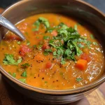 Close-up view of creamy carrot and lentil soup in a bowl, garnished with fresh coriander.
