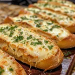 Close-up of golden-brown cheesy garlic bread with herbs.