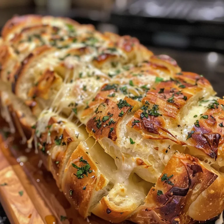 Close-up view of a cheese-filled garlic pull-apart bread with golden crust.