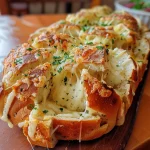 Close-up side view of gooey Cheesy Garlic Pull-Apart Bread with herbs.