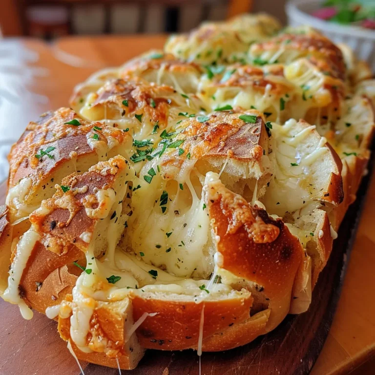 Close-up side view of gooey Cheesy Garlic Pull-Apart Bread with herbs.