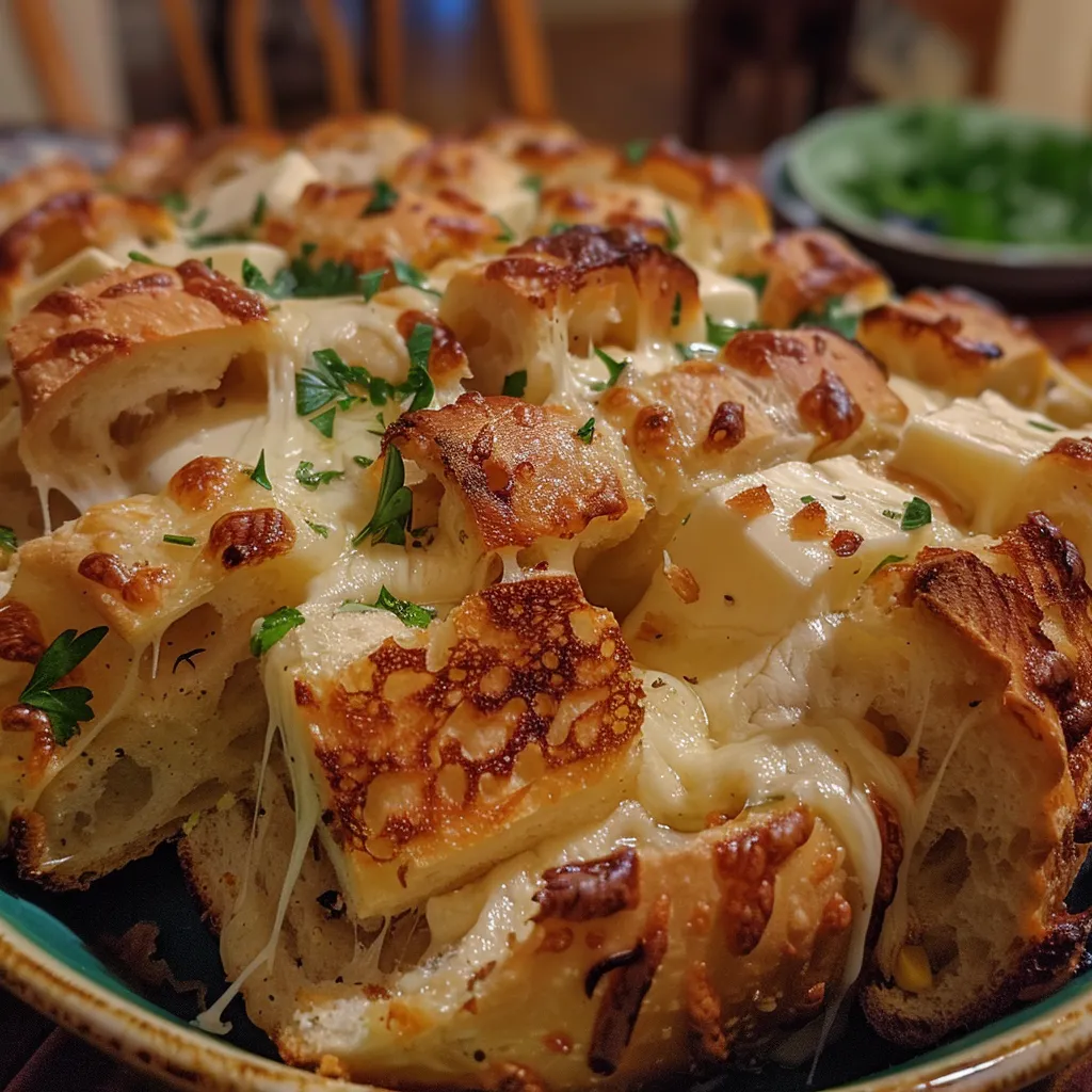 Side view of cheesy garlic and herb pull-apart bread, revealing melted cheese and garlic bits.