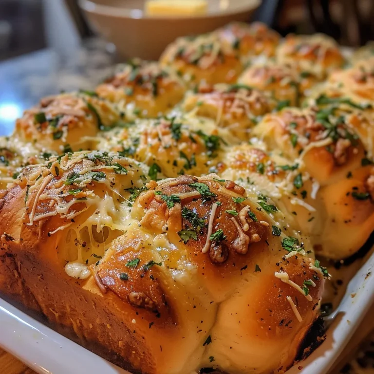 Close-up view of cheesy garlic pull-apart rolls, golden brown with melted cheese.