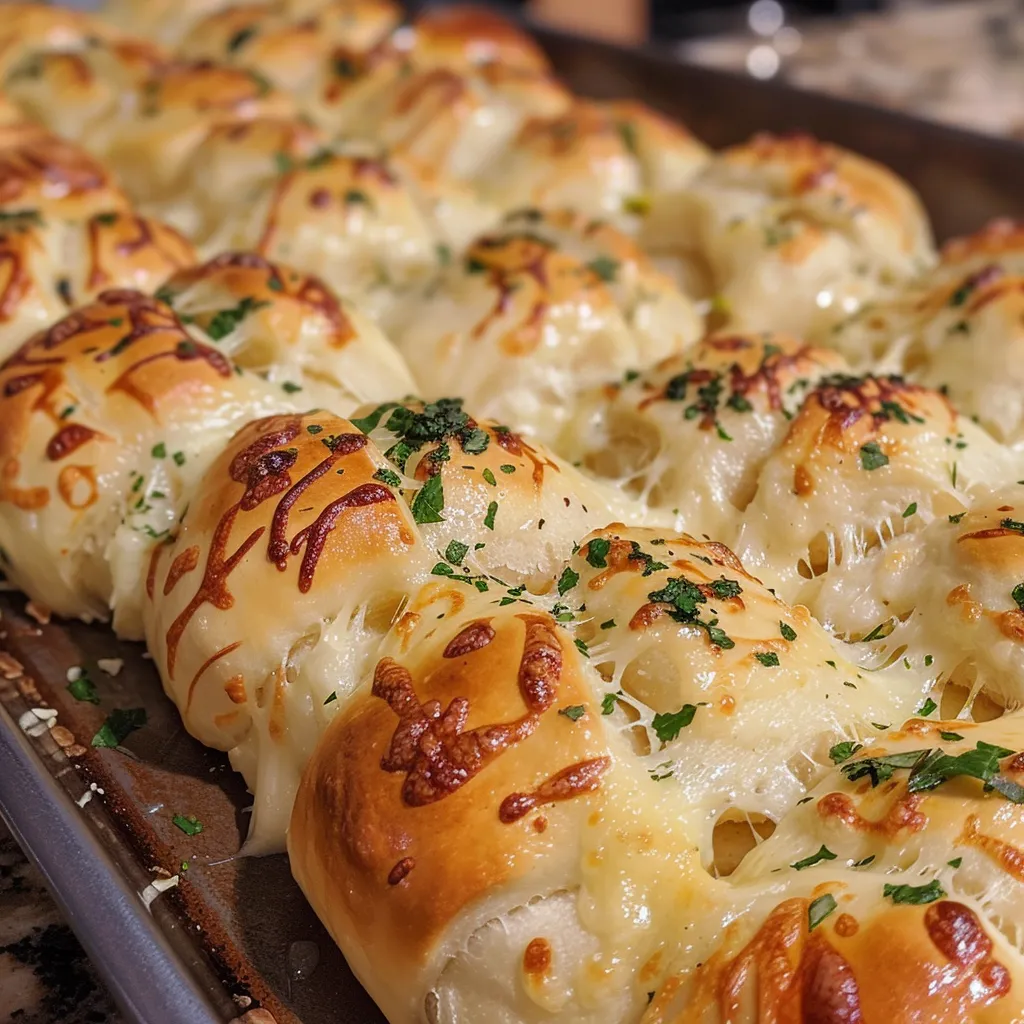 Side view of golden-brown pull-apart rolls dripping with garlic butter.