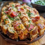 Close-up of a golden, cheesy pull-apart pizza bread with melted cheese and toppings.