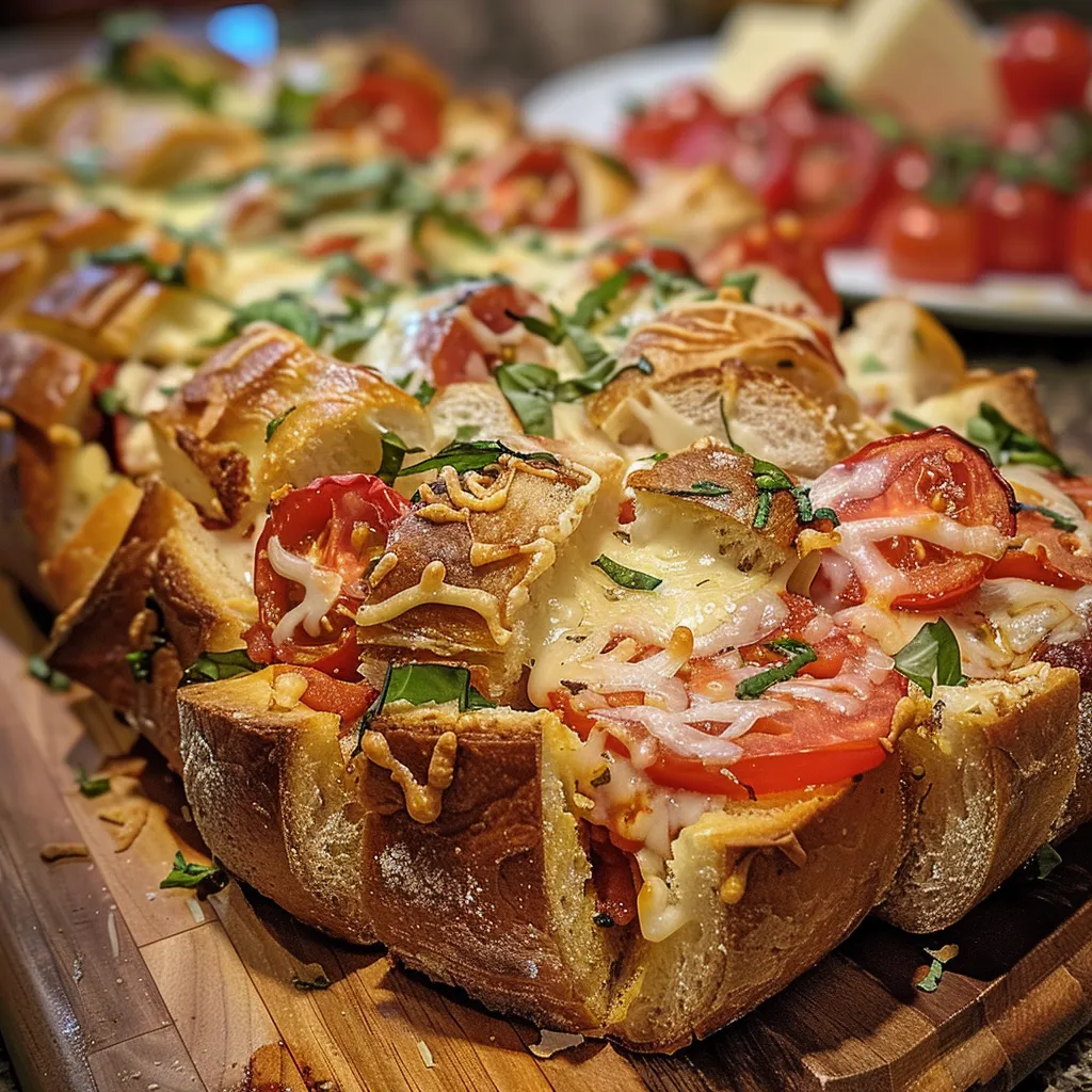 Side view of freshly baked pull-apart pizza bread, oozing with mozzarella and pepperoni.