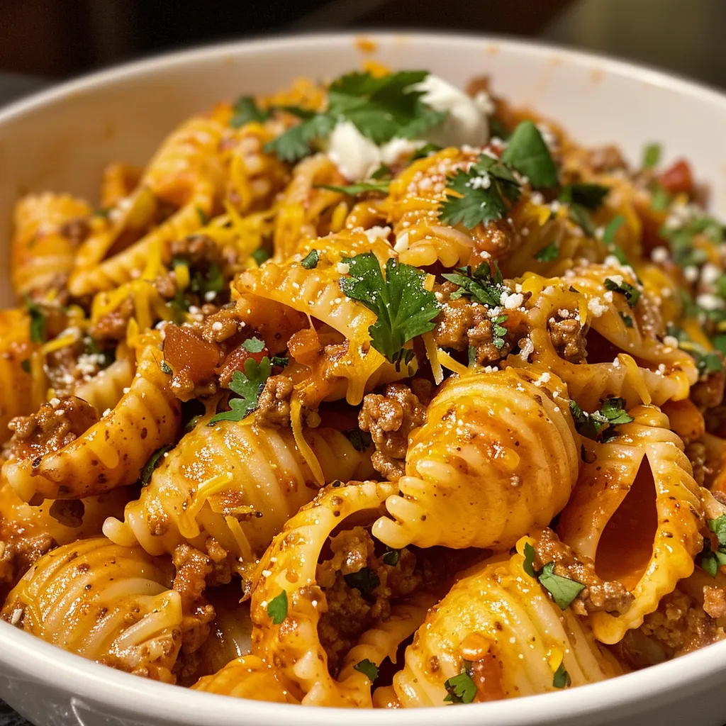 Juicy Cheesy Taco Pasta served with crushed tortilla chips and parsley.