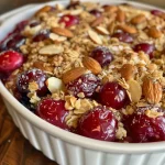Close-up view of a Cherry Almond Crisp with glistening cherries and crunchy almond topping.