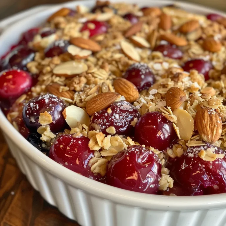 Close-up view of a Cherry Almond Crisp with glistening cherries and crunchy almond topping.