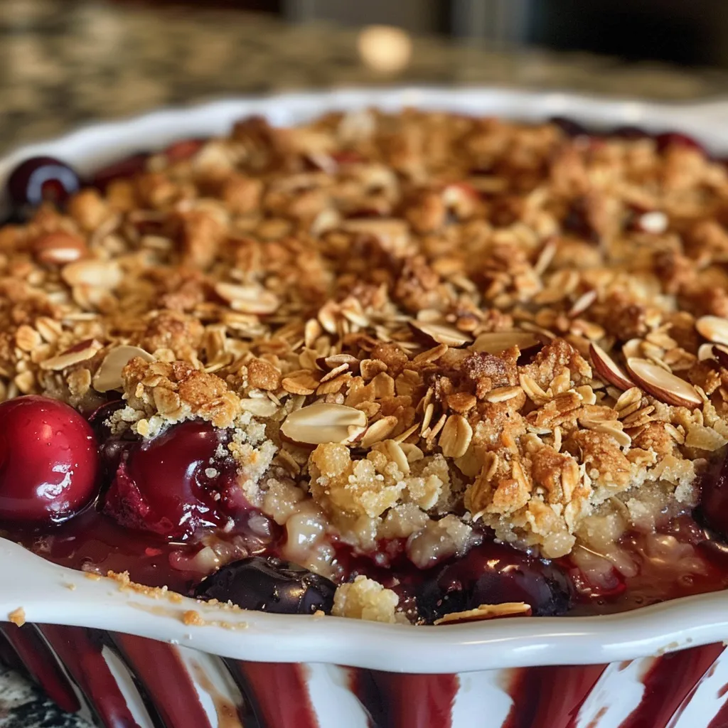 Side view of a freshly baked Cherry Almond Crisp, highlighting juicy cherries and a golden oat topping.