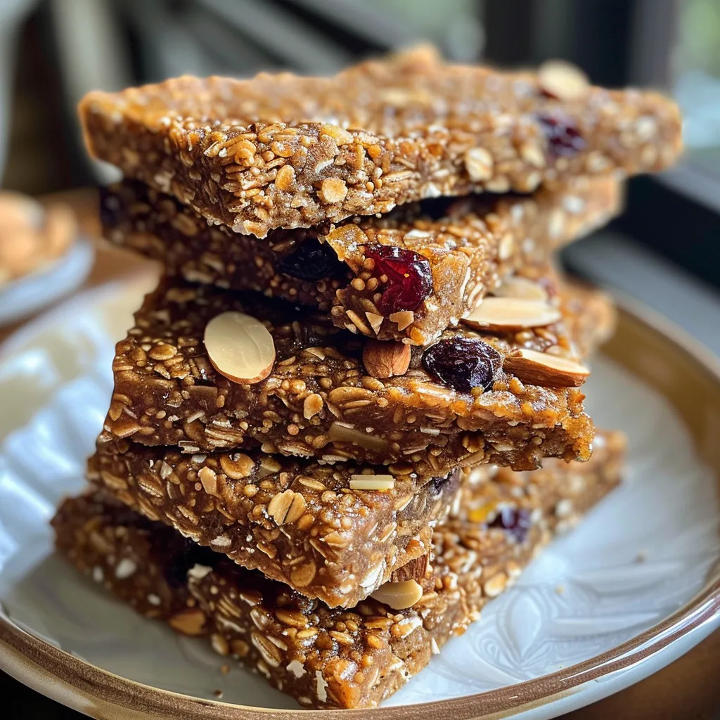 Side view of a delicious chewy almond butter power bar showcasing its textured layers.
