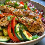A vibrant Chicken and Quinoa Power Bowl filled with juicy chicken and colorful vegetables.