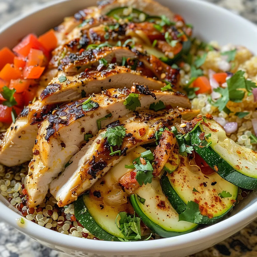 Close-up side view of a Chicken and Quinoa bowl showcasing roasted zucchini, red bell pepper, and quinoa.