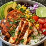 A vibrant chicken burrito bowl filled with colorful ingredients including rice, diced chicken, and fresh vegetables.