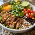 Close-up view of a delicious chicken burrito bowl filled with rice, chicken, and toppings.