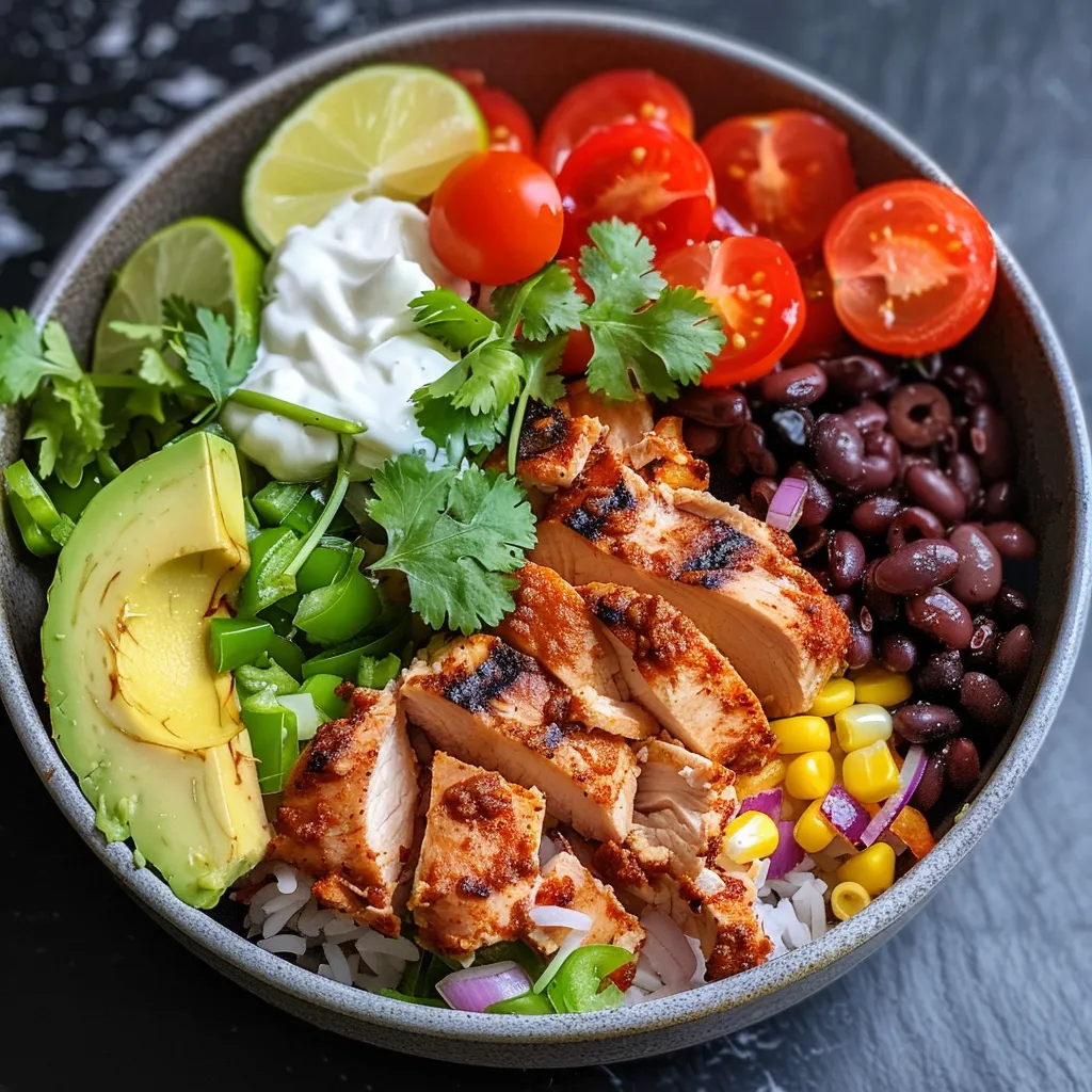 Close-up view of a chicken burrito bowl showcasing tender chicken thighs, ripe avocados, and a sprinkle of cilantro.