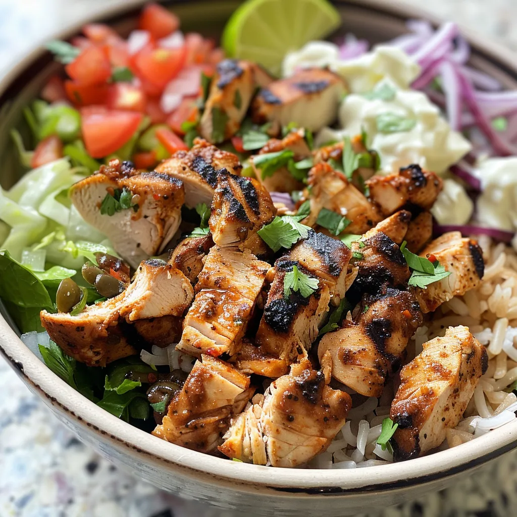 Side view of a vibrant chicken burrito bowl showcasing layers of ingredients.