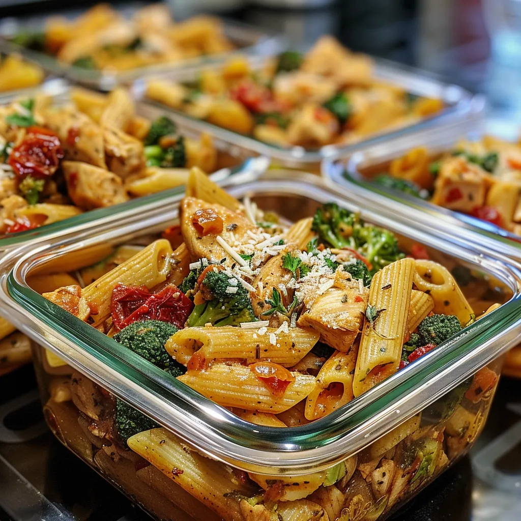 Side view of meal prep bowls filled with chicken pasta, broccoli, and spinach.